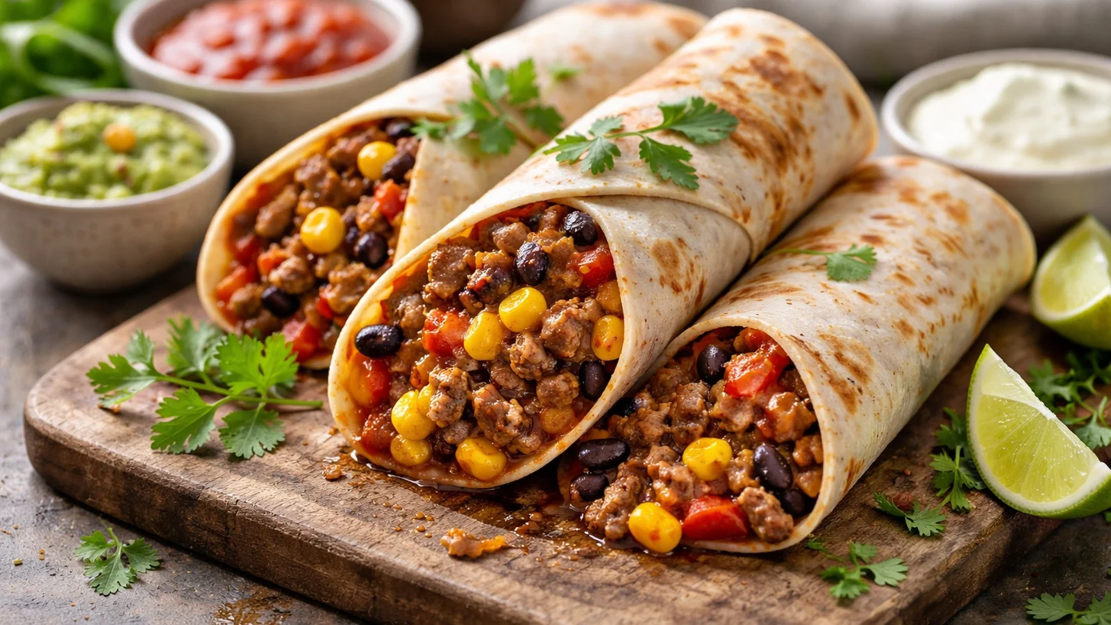 Tortilla meksykańska z mięsem, fasolą i kukurydzą na drewnianej desce, w tle salsa i guacamole