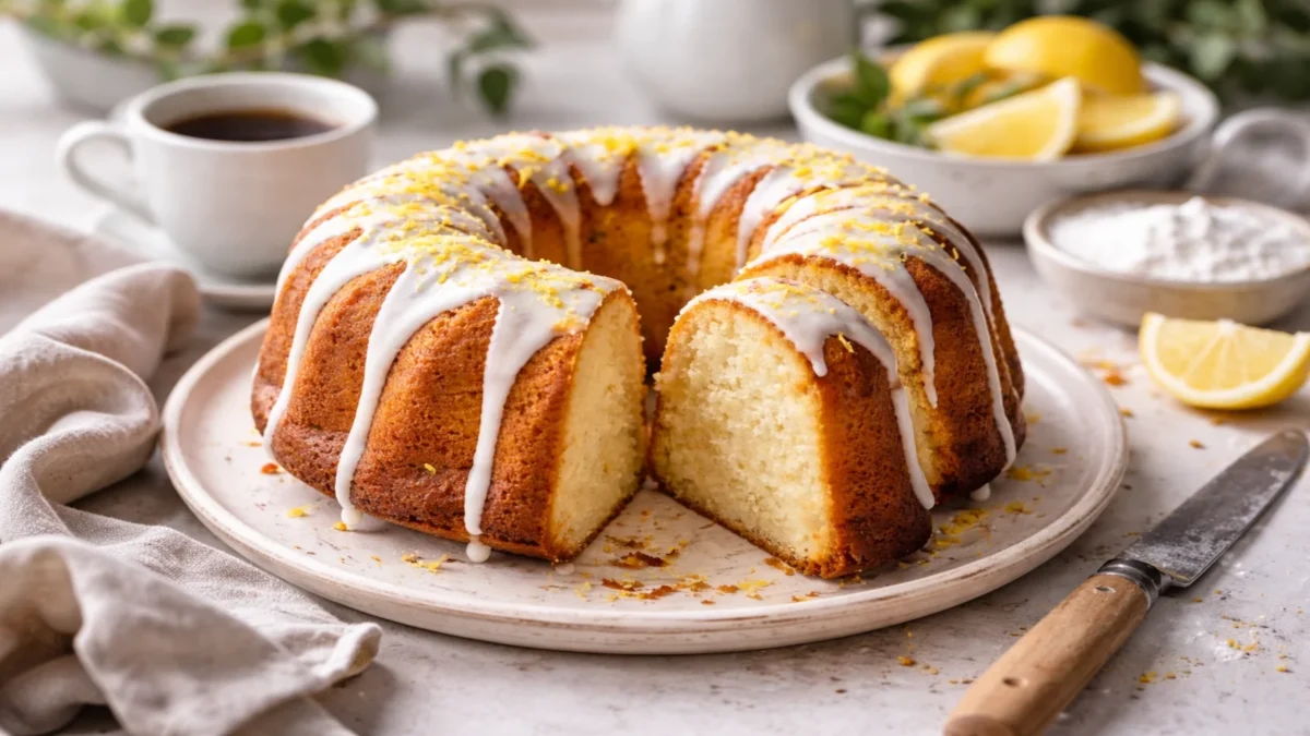 Wilgotna babka bezglutenowa z lukrem cytrynowym na talerzu, podana do kawy