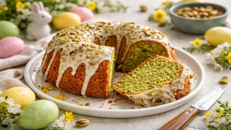 Pokrojona babka pistacjowa z wilgotnym zielonym środkiem, białym lukrem i pistacjami na wielkanocnym stole