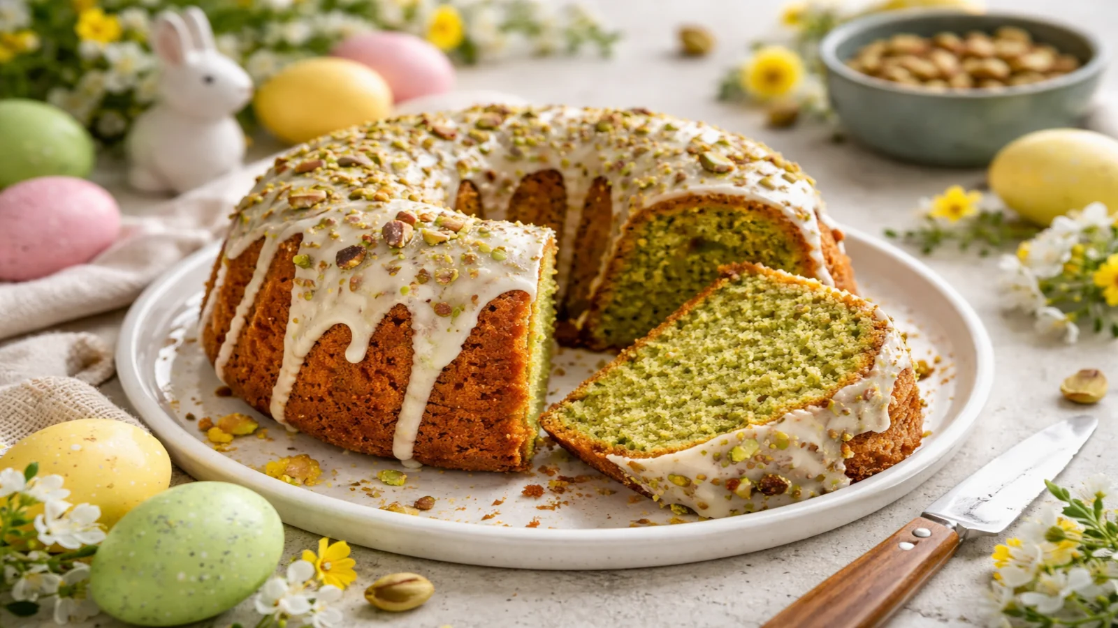 Pokrojona babka pistacjowa z wilgotnym zielonym środkiem, białym lukrem i pistacjami na wielkanocnym stole