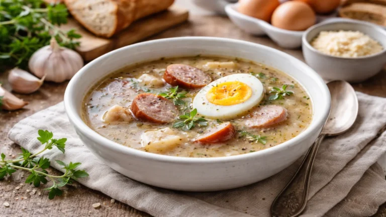 Żurek wielkanocny z białą kiełbasą, jajkiem i majerankiem podany w jasnej misce na rustykalnym stole