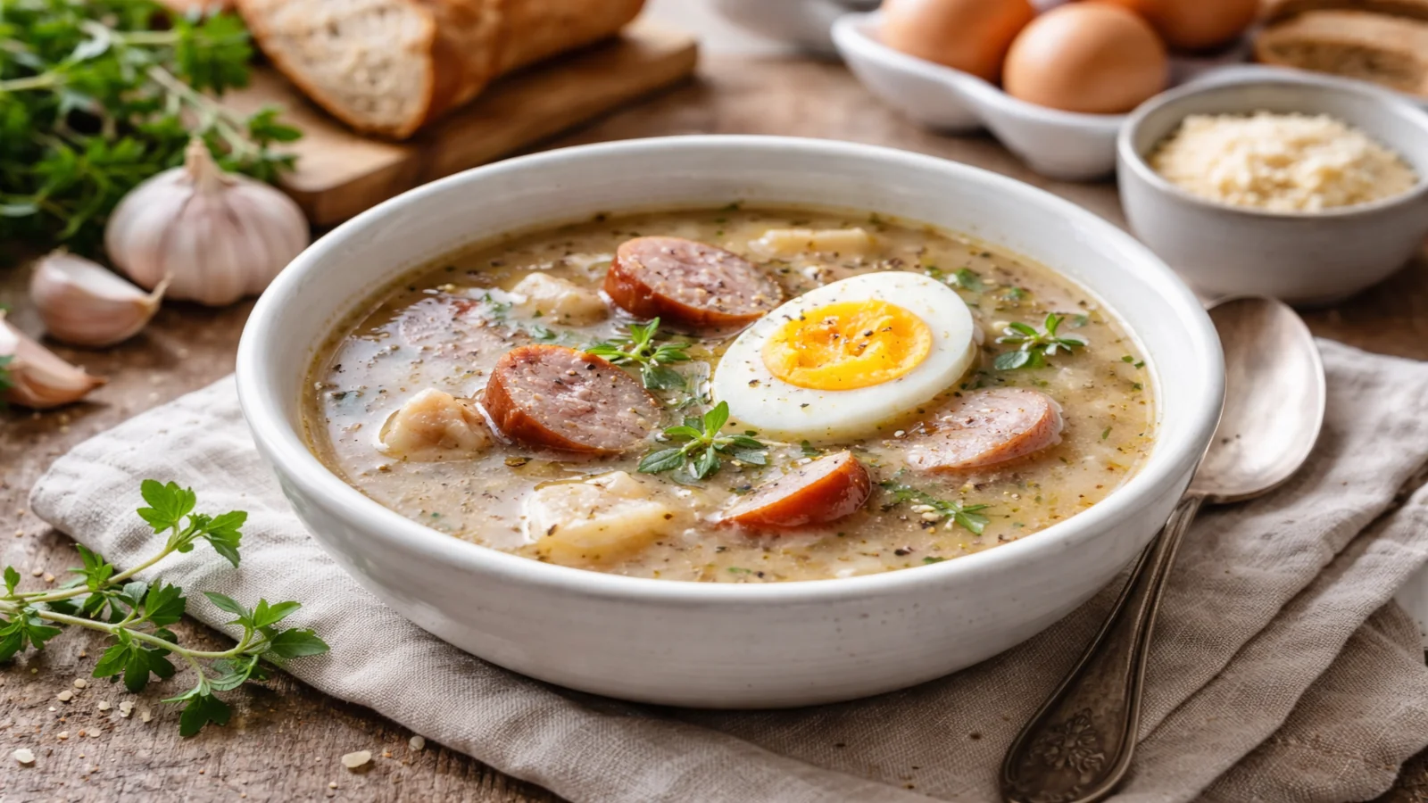 Żurek wielkanocny z białą kiełbasą, jajkiem i majerankiem podany w jasnej misce na rustykalnym stole