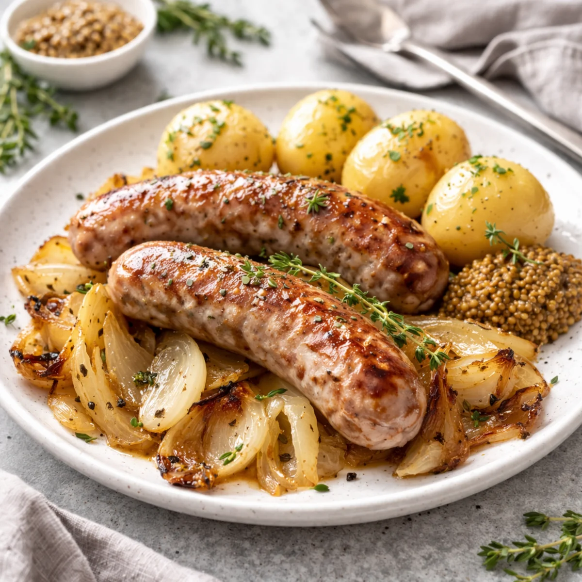 Biała kiełbasa pieczona z cebulą podana na talerzu z młodymi ziemniakami i musztardą