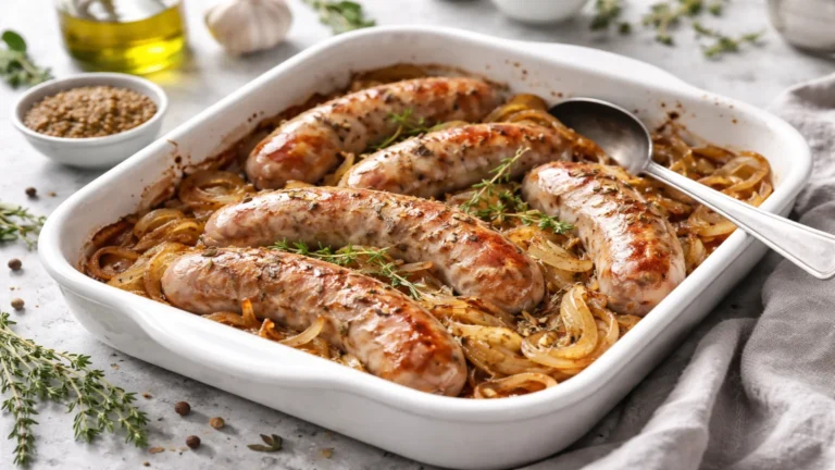 Biała kiełbasa pieczona z cebulą w naczyniu żaroodpornym po wyjęciu z piekarnika