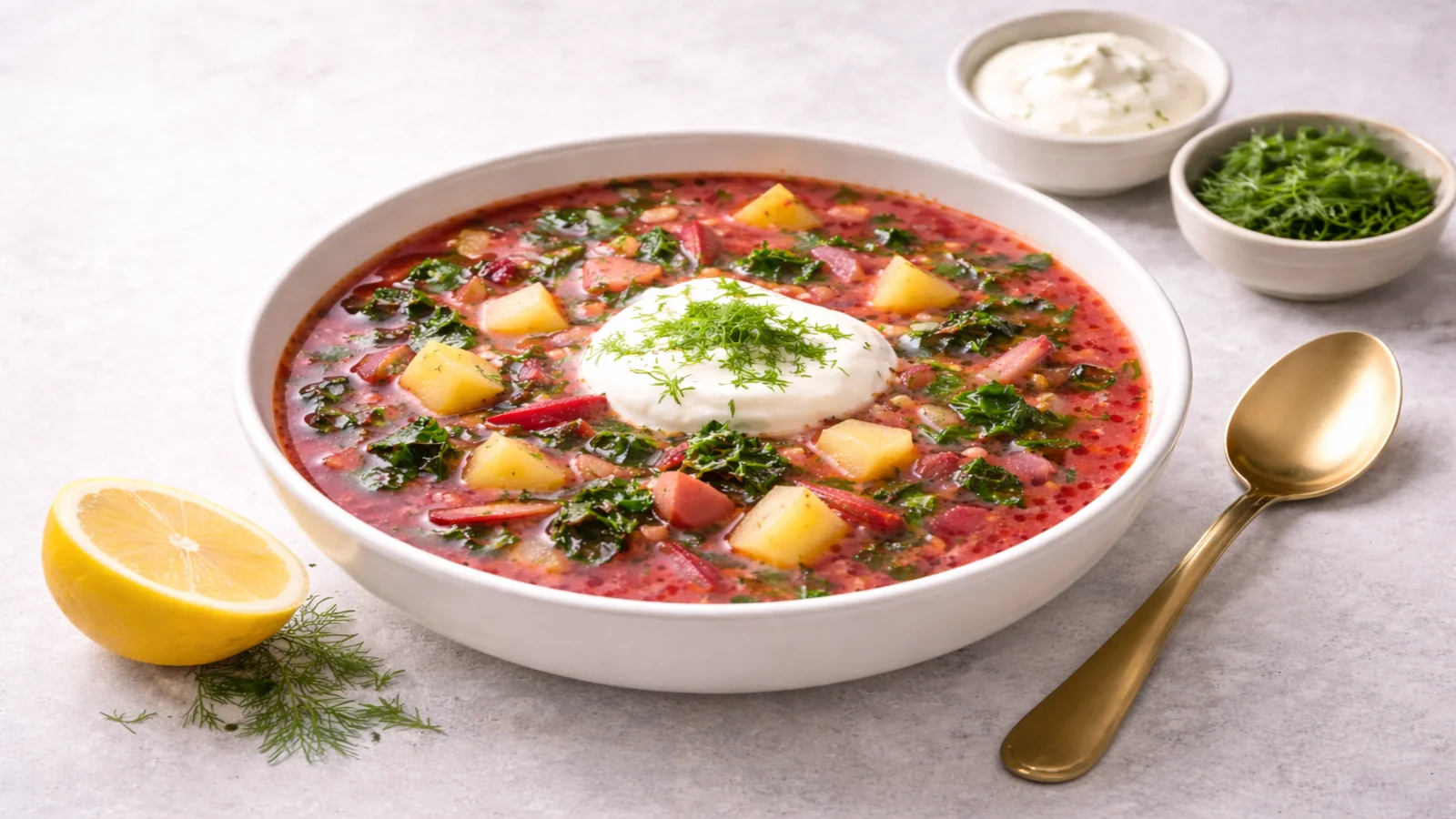 Botwinka z ziemniakami i koperkiem w jasnej misce, podana z kleksem śmietany i elegancką złotą łyżką