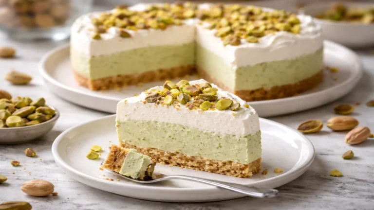 Ciasto pistacjowe bez pieczenia z kawałkiem na talerzu i całym deserem w tle