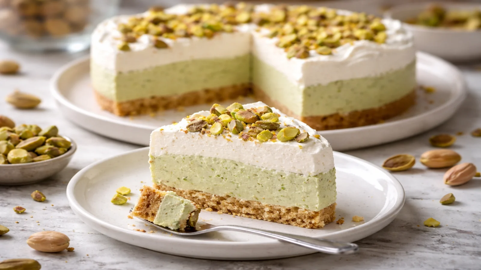 Ciasto pistacjowe bez pieczenia z kawałkiem na talerzu i całym deserem w tle
