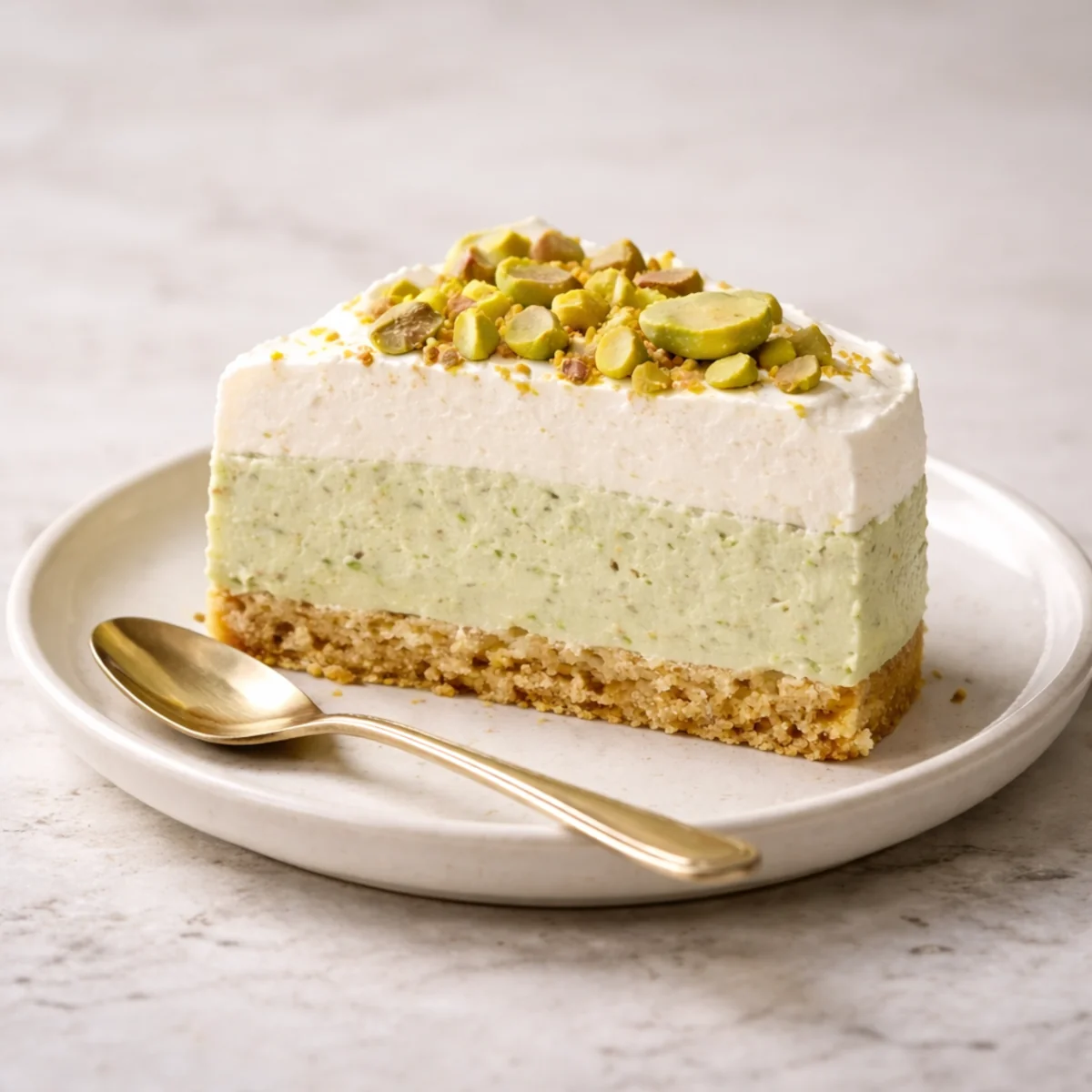 Kawałek ciasta pistacjowego bez pieczenia na jasnym talerzyku z małą złotą łyżeczką