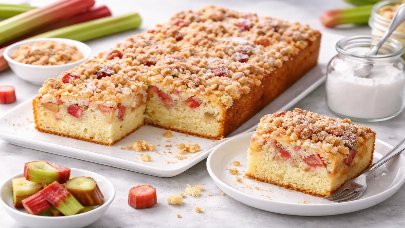 Ciasto z rabarbarem i kruszonką na białym półmisku, z ukrojonym kawałkiem i świeżym rabarbarem obok