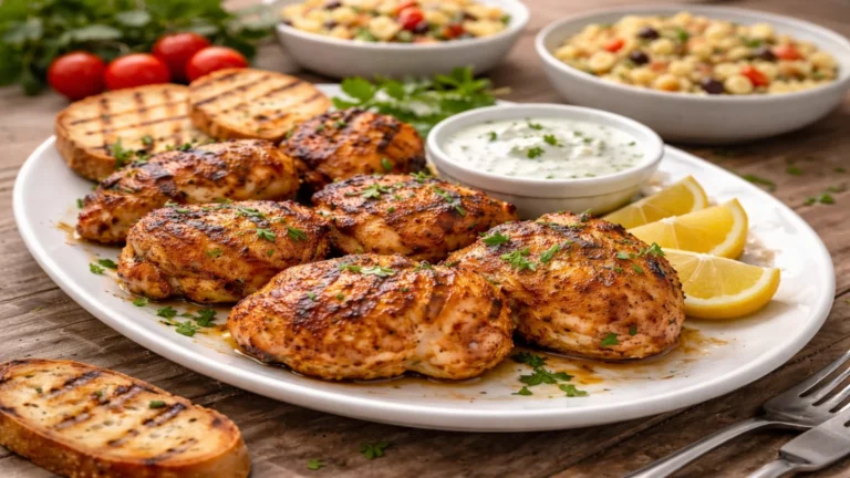 Grillowany kurczak na talerzu z sosem jogurtowym, cytryną i pieczywem z rusztu