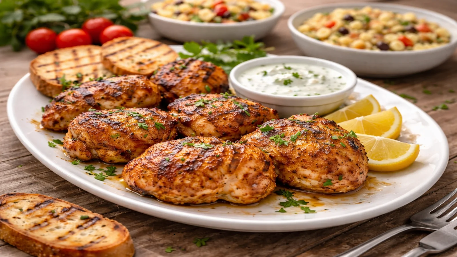 Grillowany kurczak na talerzu z sosem jogurtowym, cytryną i pieczywem z rusztu