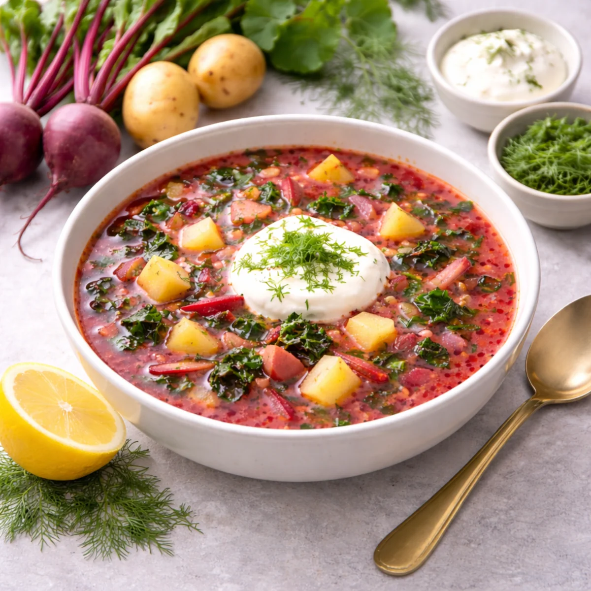 Domowa botwinka z ziemniakami i koperkiem oraz śmietaną, podana w nowoczesnej aranżacji z młodymi buraczkami