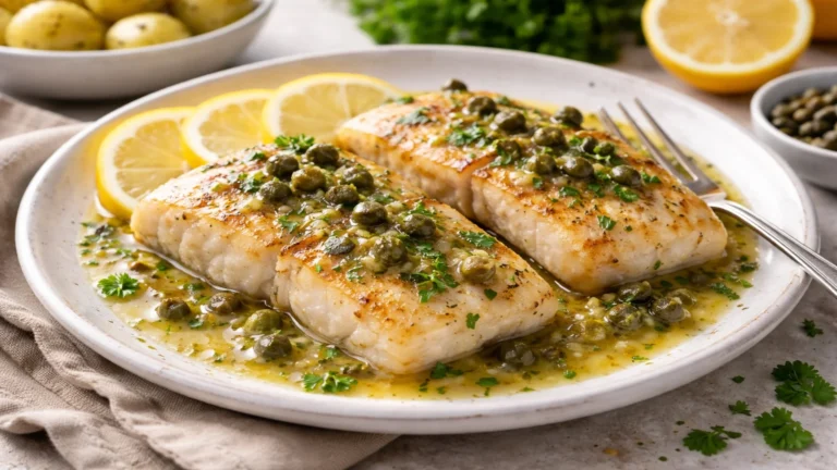 Soczysty dorsz z kaparami w maślano cytrynowym sosie na białym talerzu