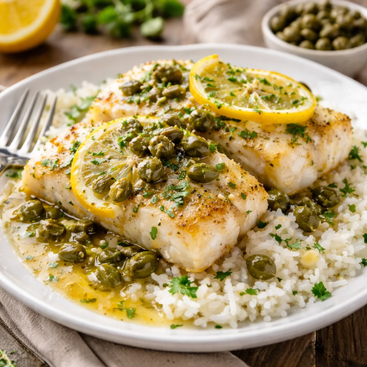 Soczysty dorsz z kaparami i plasterkami cytryny podany z ryżem na białym talerzu