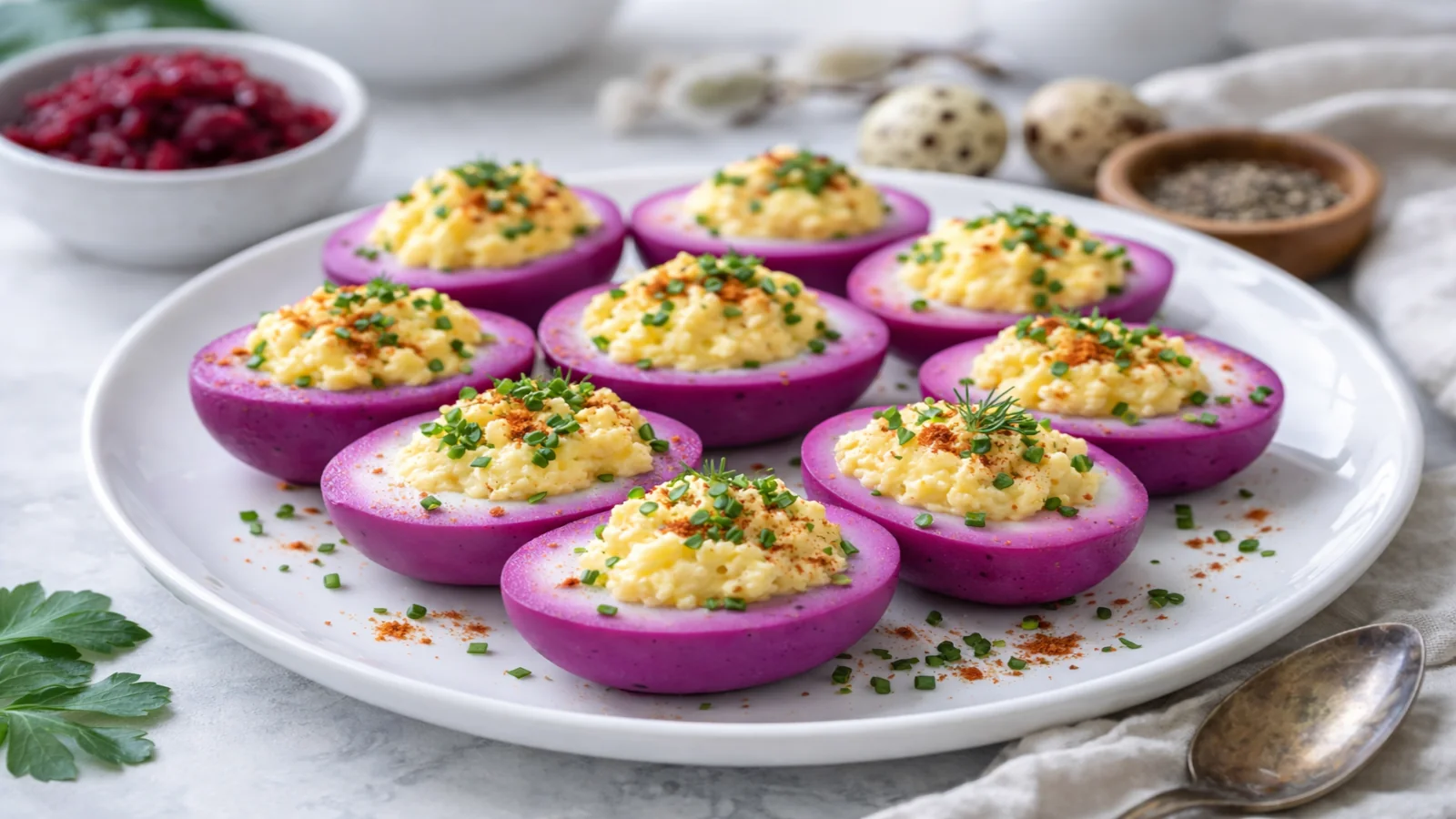 Fioletowe jajka faszerowane ułożone na dużym białym talerzu, podane w jasnym kuchennym otoczeniu