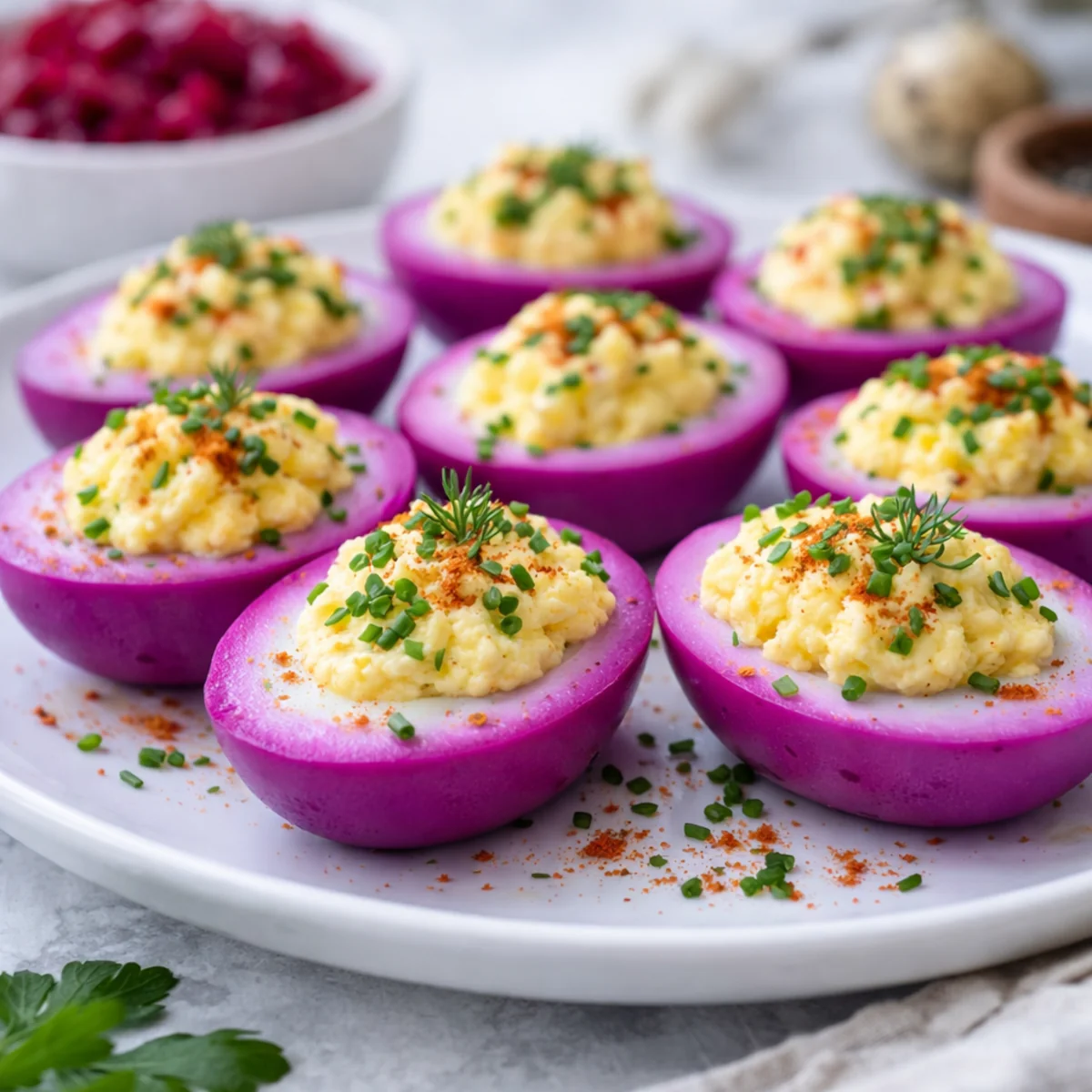 Fioletowe jajka faszerowane na białym talerzu, z kremowym farszem, szczypiorkiem i delikatną posypką