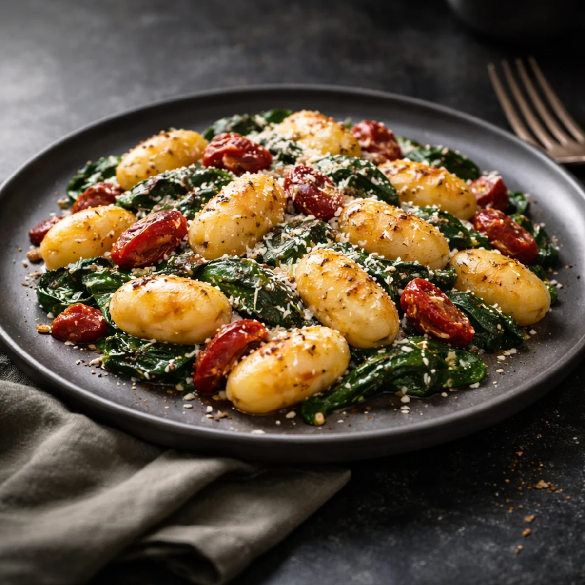 Gnocchi ze szpinakiem i suszonymi pomidorami na ciemnym talerzu w stylu editorial