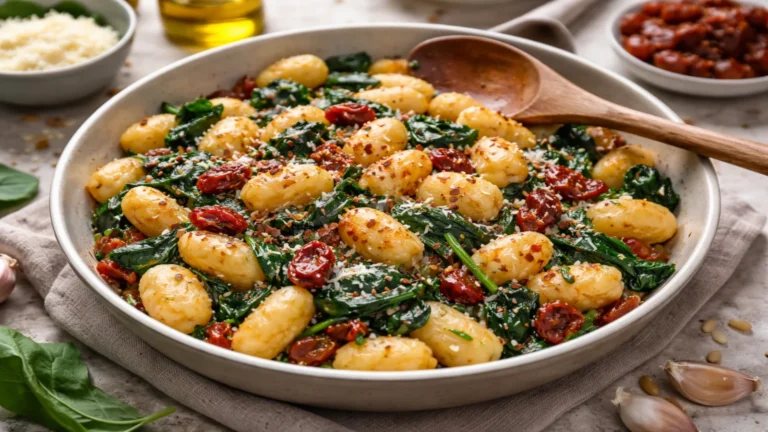 Gnocchi ze szpinakiem i suszonymi pomidorami podane w jasnym ceramicznym naczyniu