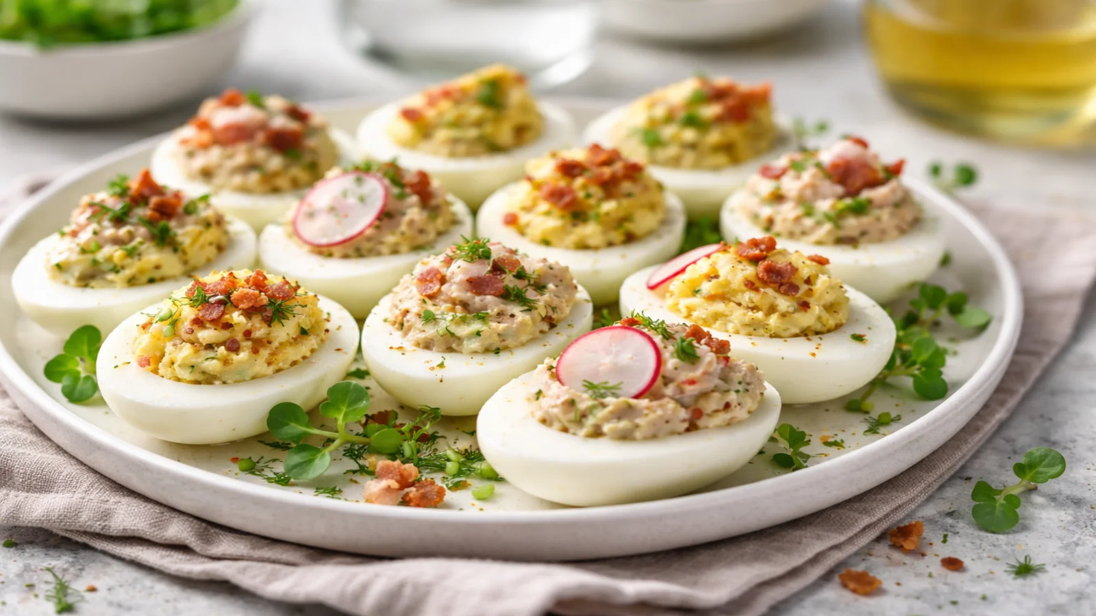 Półmisek z różnymi wersjami jajek faszerowanych na wielkanocny stół