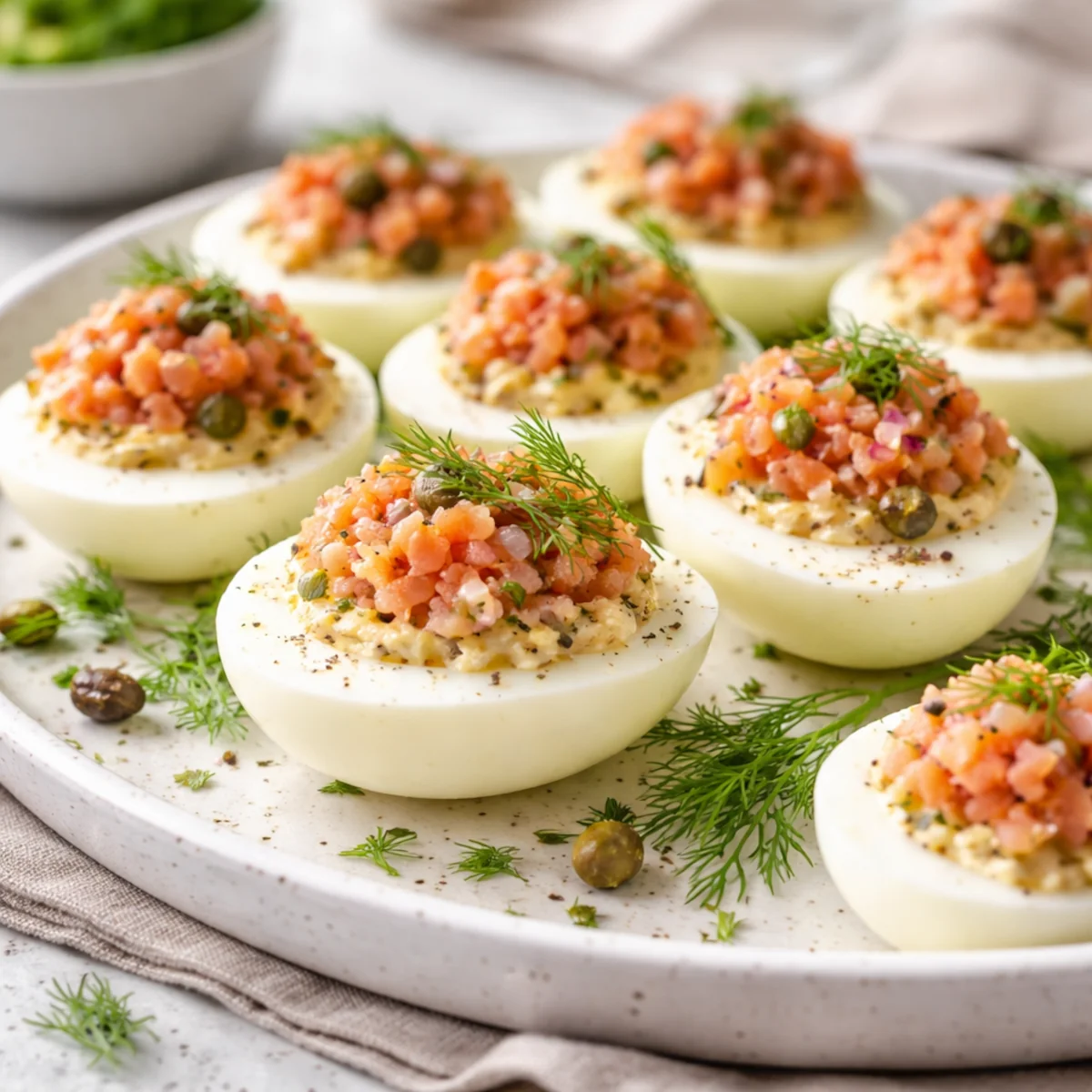 Jajka faszerowane z łososiem, koperkiem i kaparami podane na jasnym talerzu