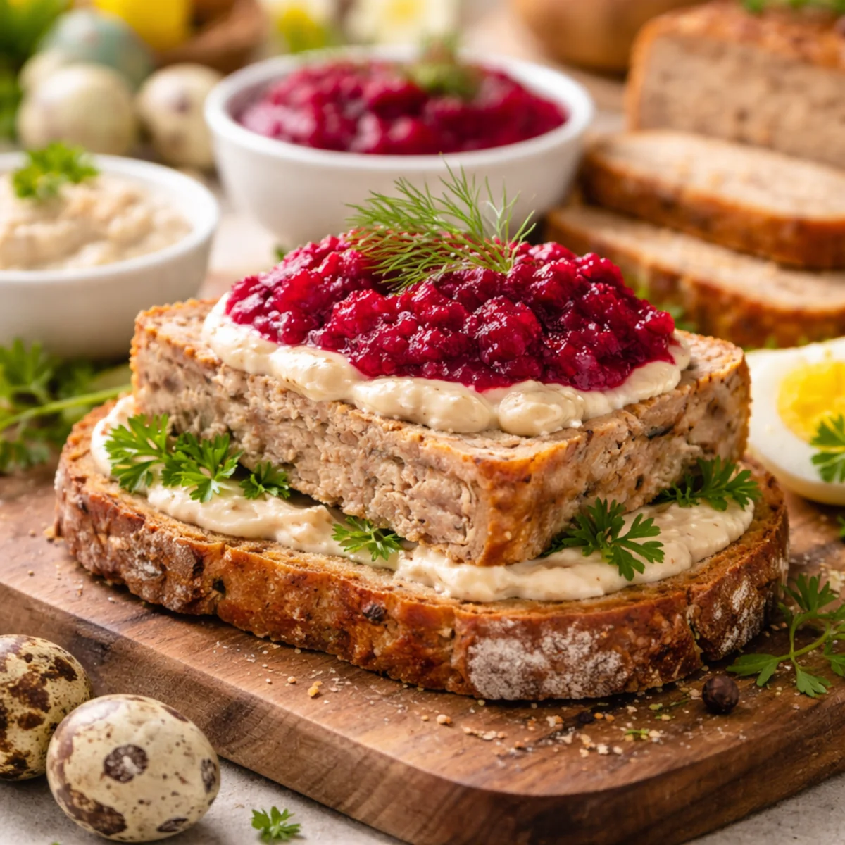 Kanapka z domowym pasztetem, ćwikłą i chrzanem na drewnianej desce