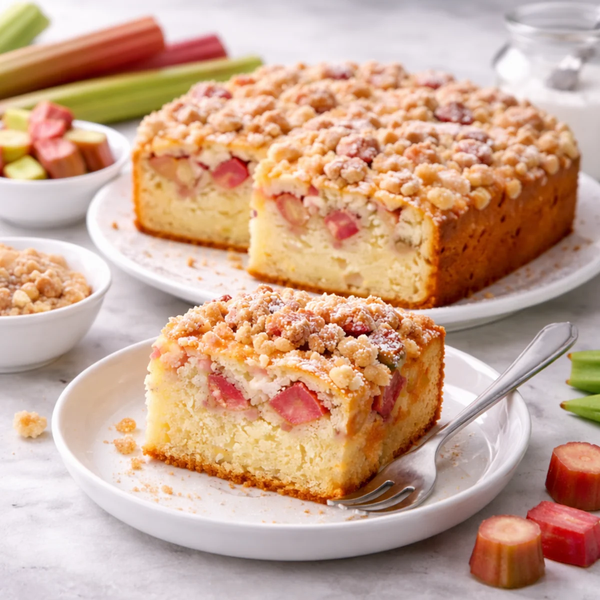 Kawałek ciasta z rabarbarem i kruszonką na białym talerzu, na tle całego wypieku