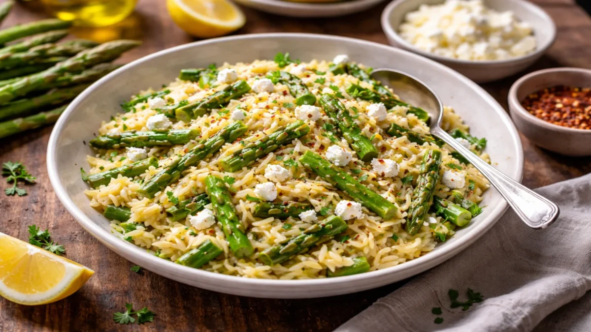 Makaron orzo ze szparagami i fetą podany na jasnym talerzu jako szybki wiosenny obiad