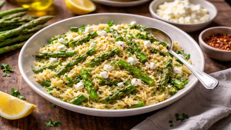 Makaron orzo ze szparagami i fetą podany na jasnym talerzu jako szybki wiosenny obiad