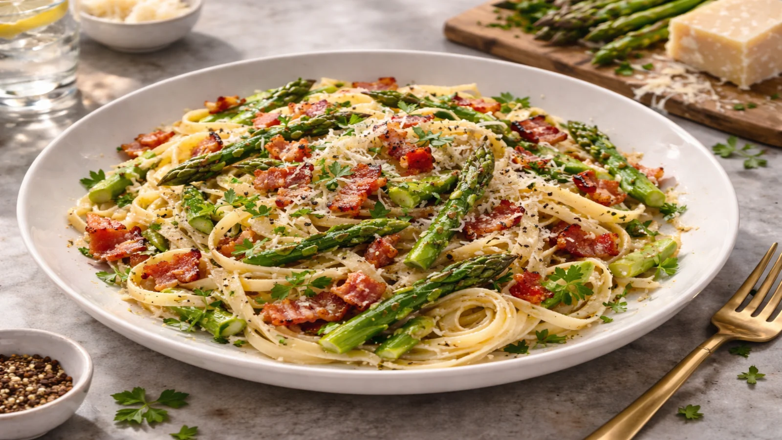 Makaron ze szparagami i boczkiem w wersji poziomej, podany na jasnym talerzu z serem i świeżymi ziołami