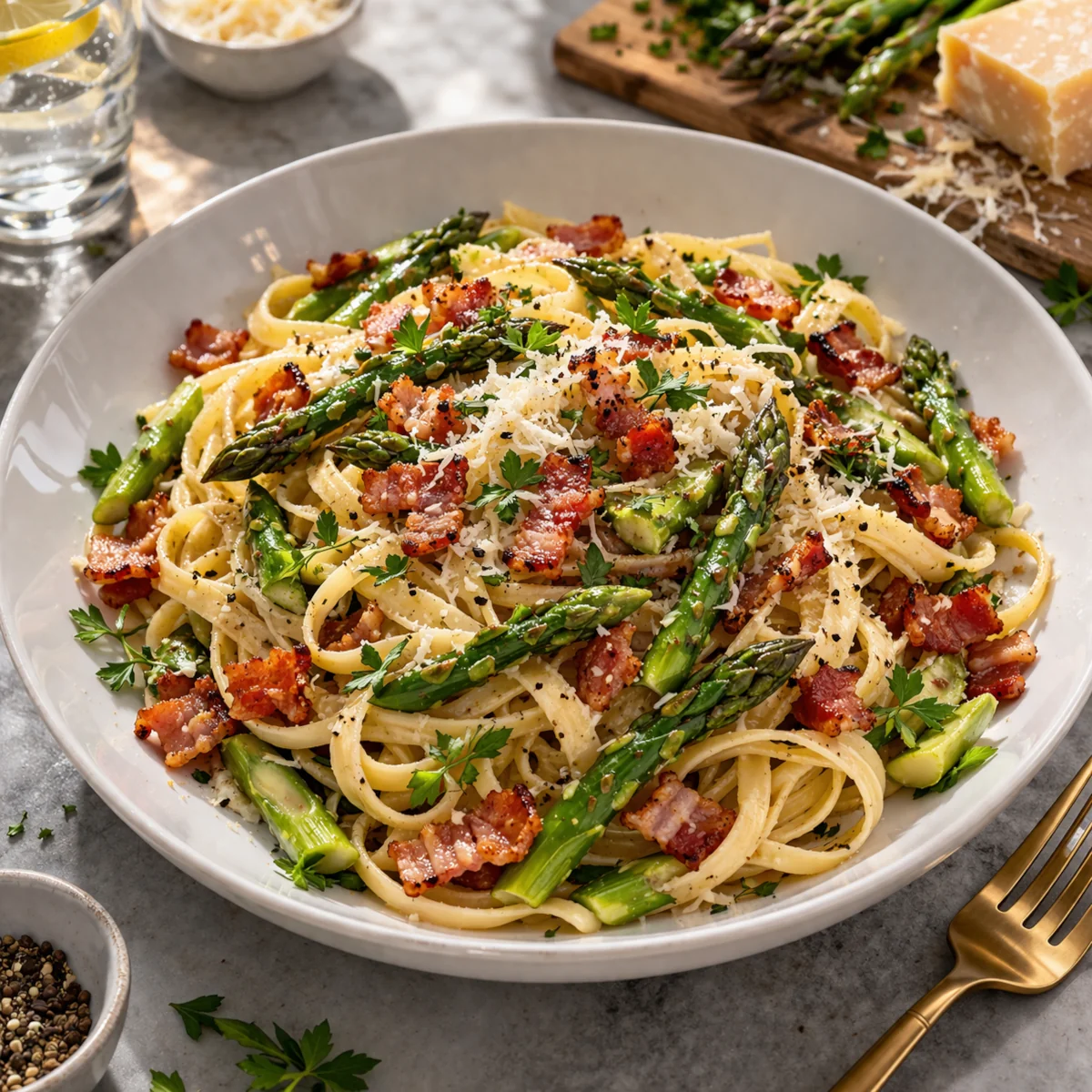 Makaron ze szparagami i boczkiem podany na jasnym talerzu, posypany startym serem i świeżymi ziołami