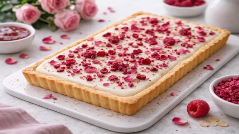 Mazurek różany z białą czekoladą udekorowany malinami liofilizowanymi i płatkami róż