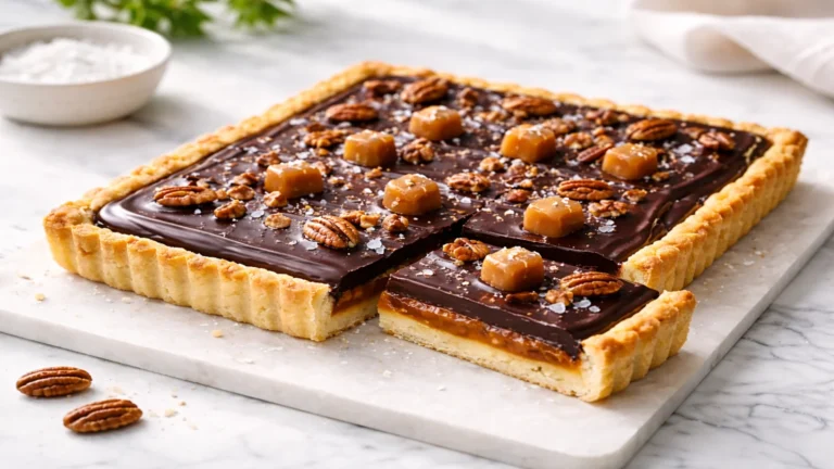 Mazurek ze słonym karmelem i czekoladą na jasnym kamiennym blacie, z wyjętym kawałkiem i dekoracją z orzechów pekan oraz płatków soli