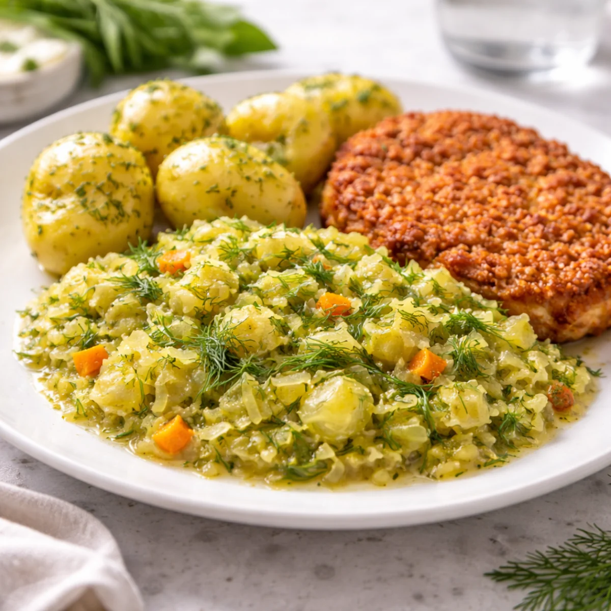 Młoda kapusta z koperkiem na talerzu obok kotleta i młodych ziemniaków