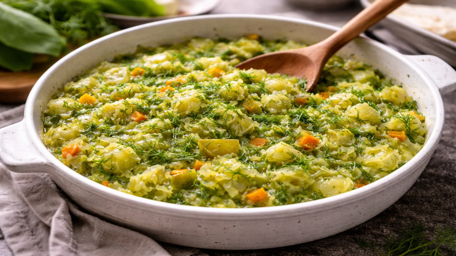 Młoda kapusta z koperkiem duszona w jasnym naczyniu z dodatkiem marchewki