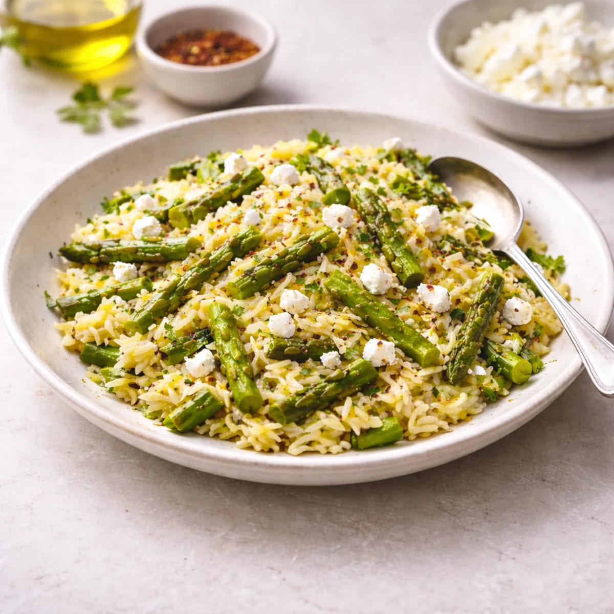 Makaron orzo ze szparagami i fetą na nowoczesnym talerzu w jasnej aranżacji kuchennej