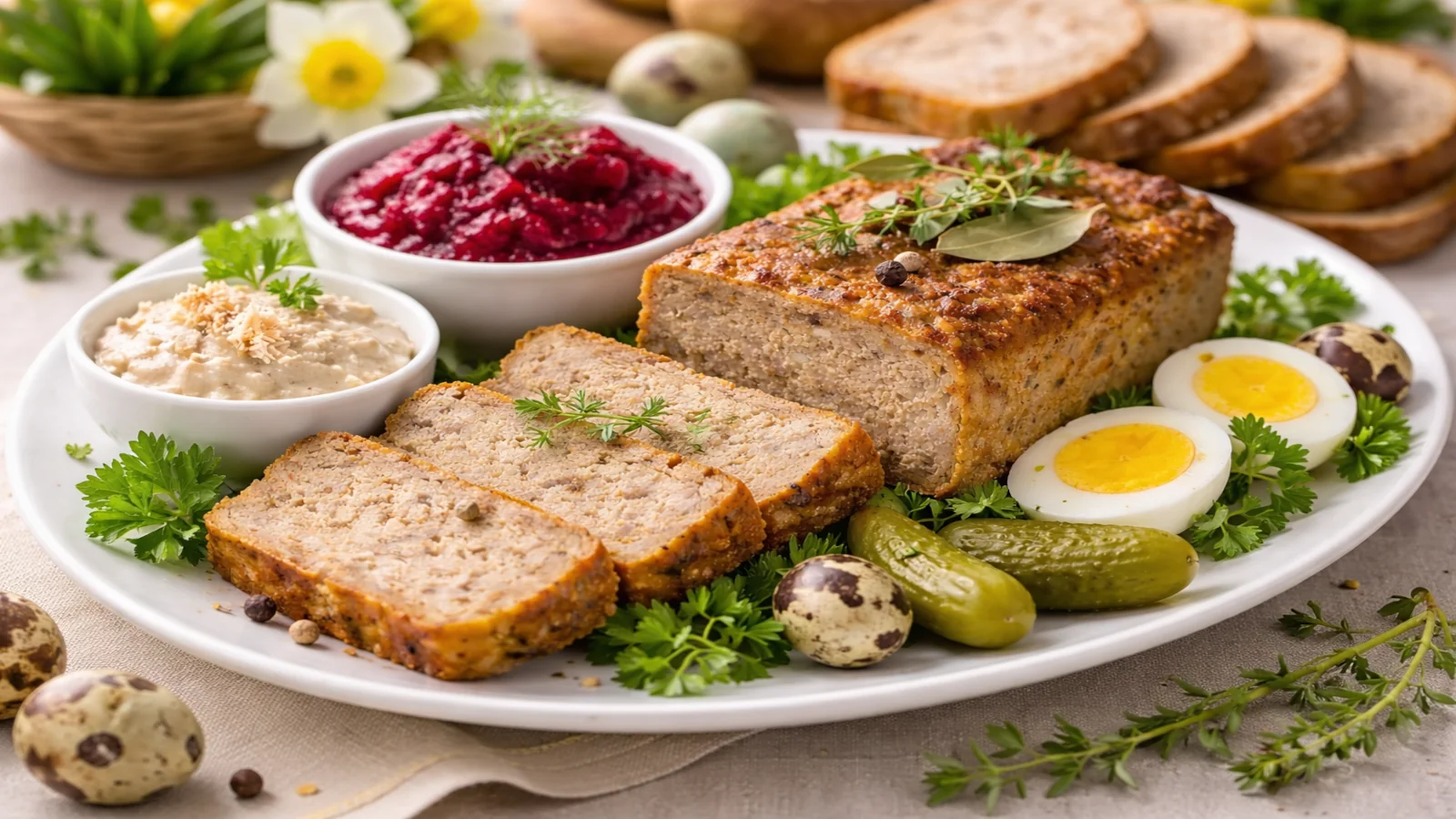 Domowy pasztet wielkanocny podany na półmisku z ćwikłą, chrzanem, jajkami i ogórkami