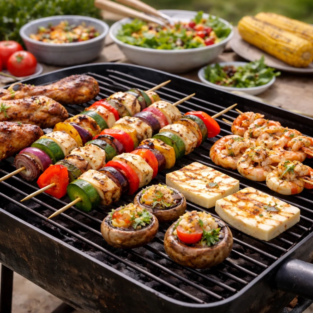 Grill z szaszłykami, krewetkami, serem i pieczarkami jako pomysł na grilla zamiast karkówki