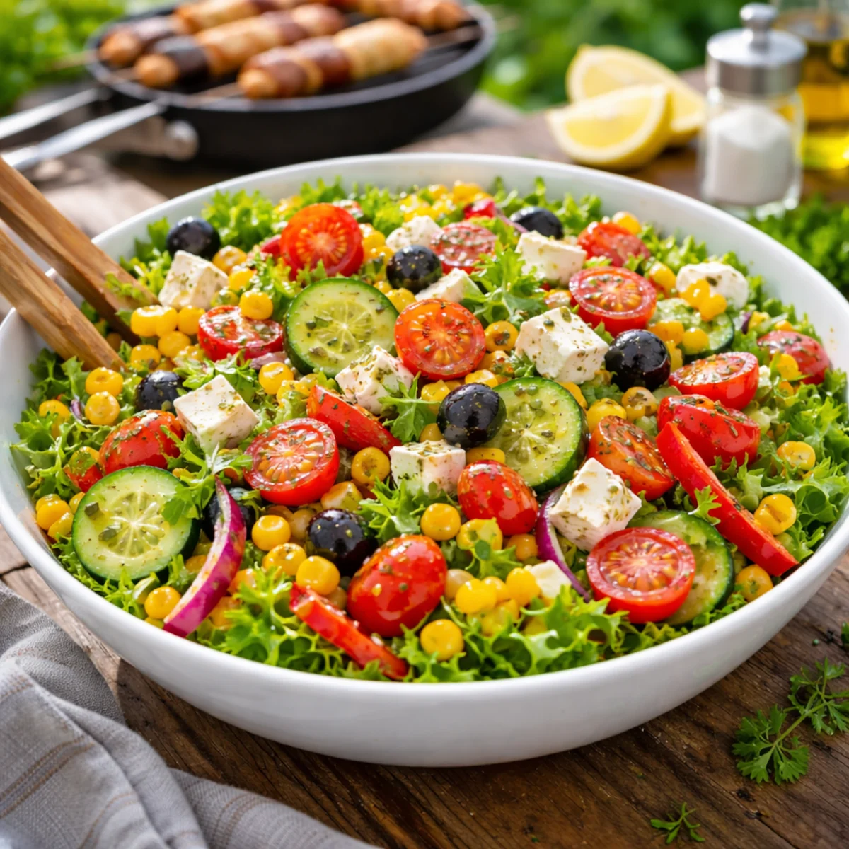 Prosta sałatka na grilla z fetą, ogórkiem, pomidorkami, papryką i kukurydzą w białej misce