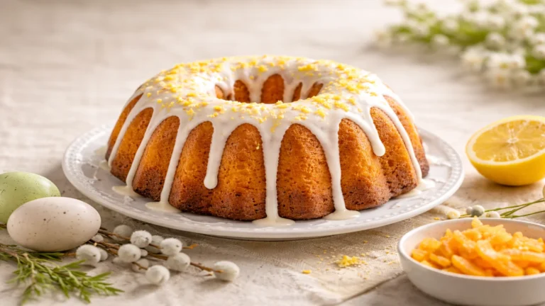 Puszysta babka wielkanocna z lukrem cytrynowym na białym talerzu w stonowanej wielkanocnej aranżacji