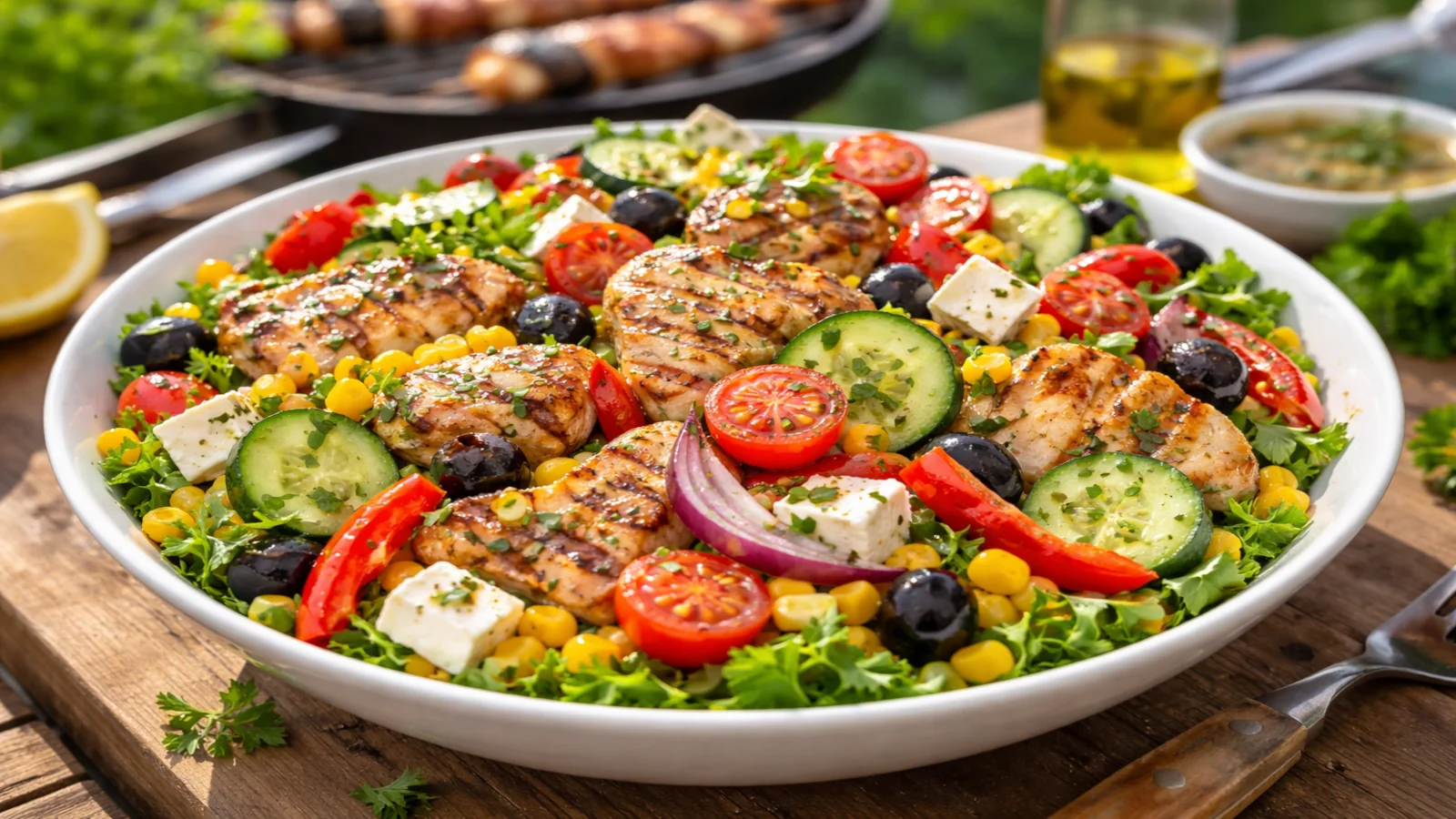 Sałatka na grilla z kurczakiem, fetą, kukurydzą, pomidorkami i ogórkiem podana w dużej białej misce
