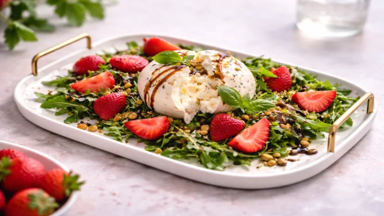 Sałatka z burratą, truskawkami i sosem balsamicznym podana na designerskiej tacy