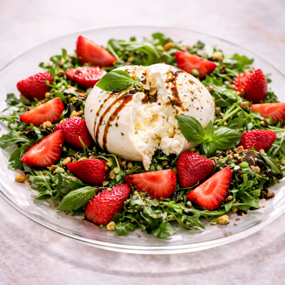 Sałatka z burratą, truskawkami i sosem balsamicznym na szklanym talerzu