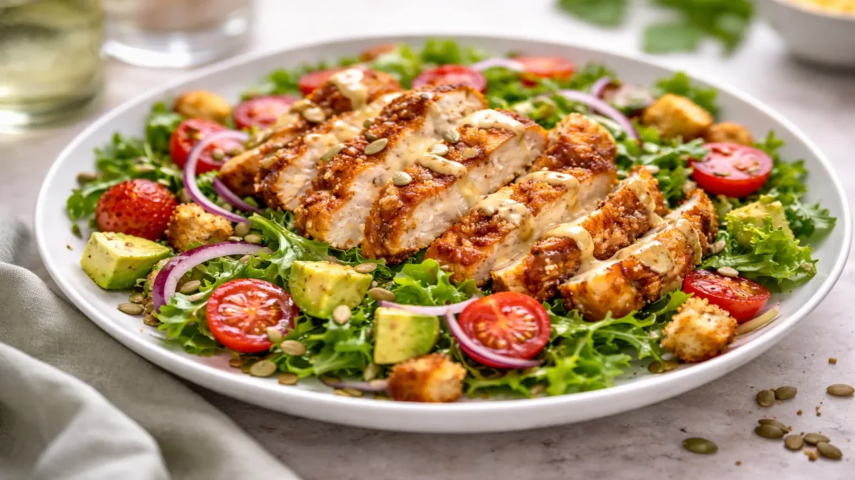 Sałatka z chrupiącym kurczakiem i sosem miodowo-musztardowym w stylu café aesthetic