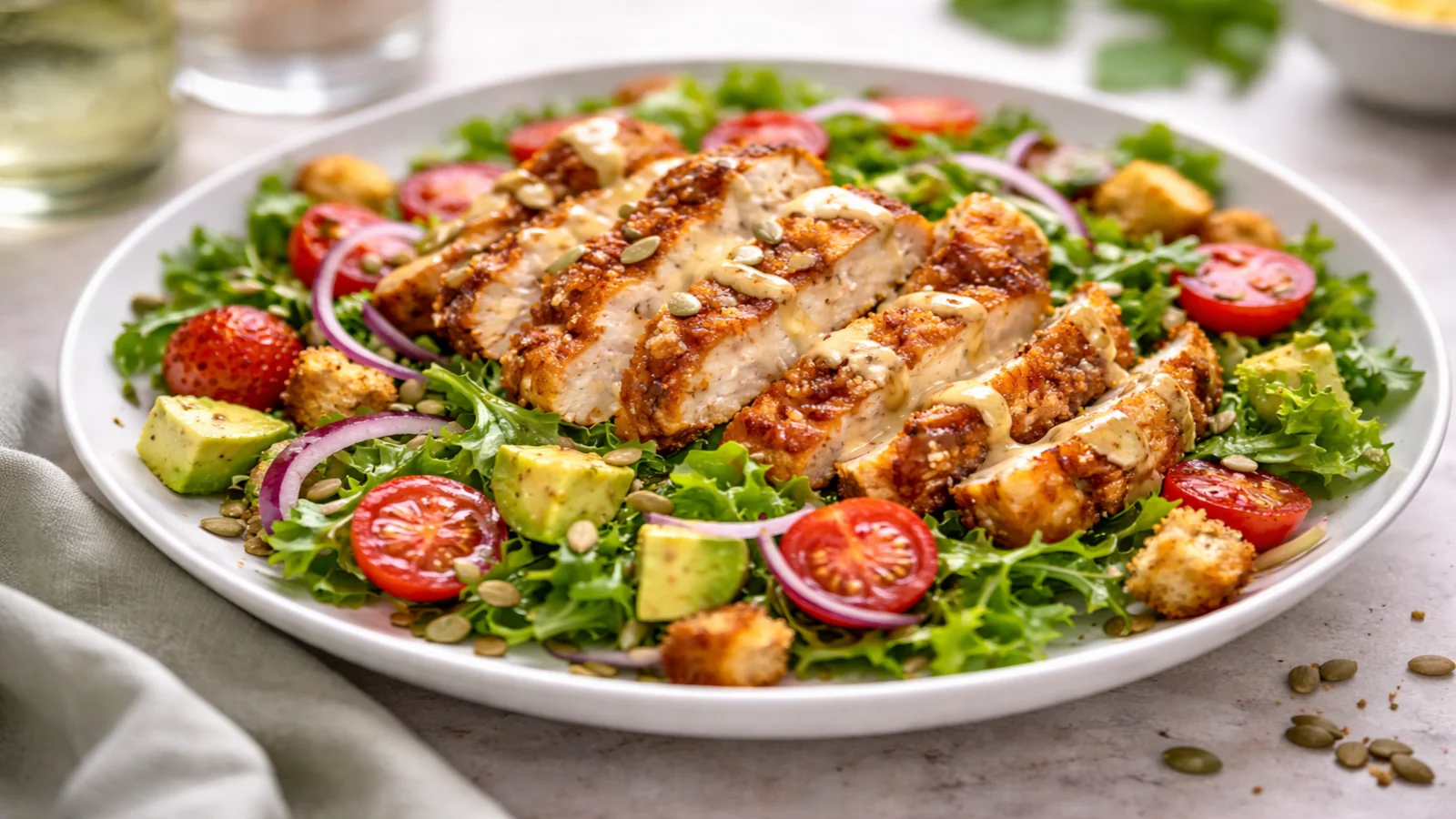 Sałatka z chrupiącym kurczakiem i sosem miodowo-musztardowym w stylu café aesthetic