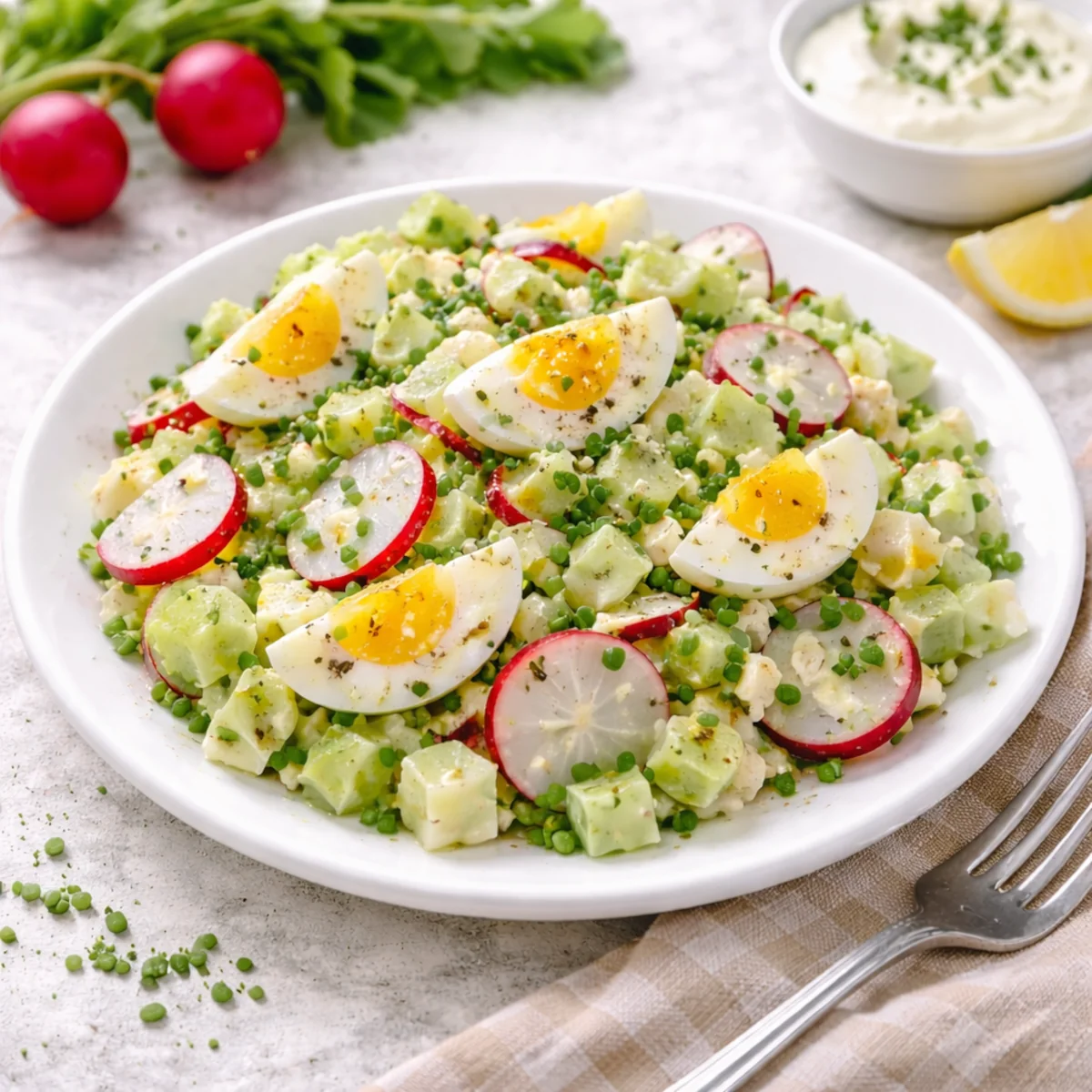 Sałatka z jajkiem, rzodkiewką i szczypiorkiem na białym talerzu, podana na jasnym tle