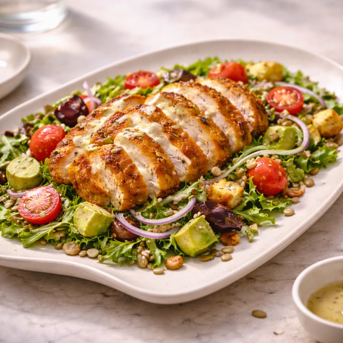 Sałatka z kurczakiem i sosem miodowo-musztardowym na nowoczesnym ceramicznym półmisku