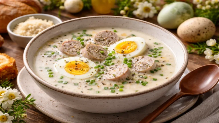 Świąteczna zupa chrzanowa z jajkiem i białą kiełbasą w ceramicznej misce na drewnianym stole