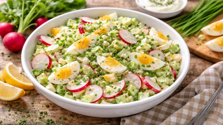 Sałatka z jajkiem, rzodkiewką i szczypiorkiem w białej misce na drewnianym stole