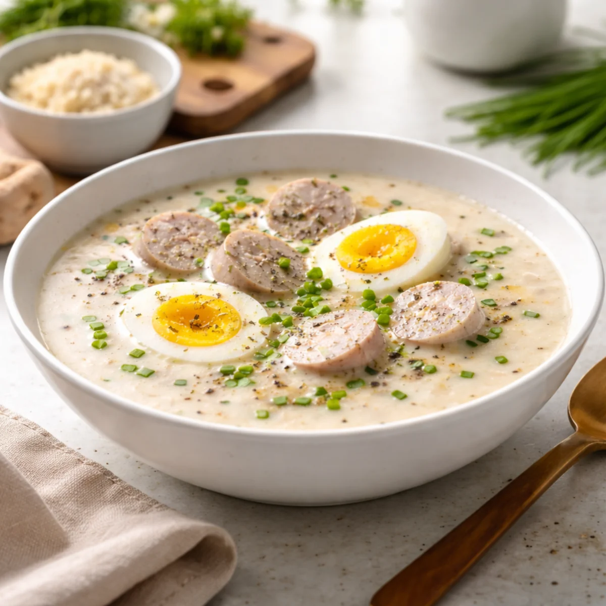 Kremowa zupa chrzanowa z jajkiem, białą kiełbasą i szczypiorkiem podana w białej misce na jasnym blacie