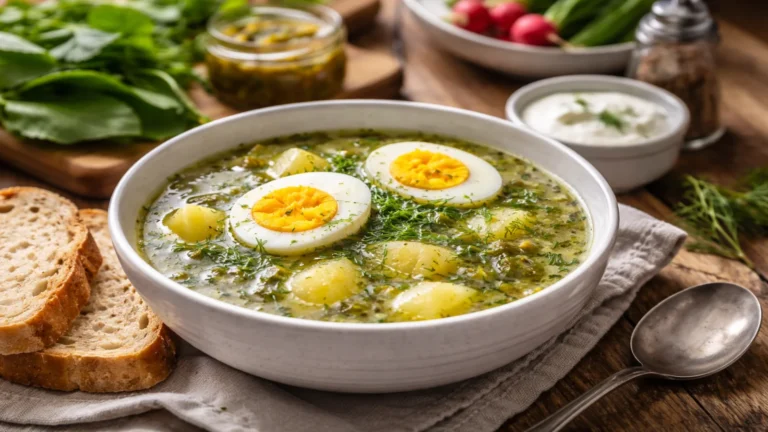 Zupa szczawiowa z jajkiem i ziemniakami podana w jasnej misce na drewnianym stole